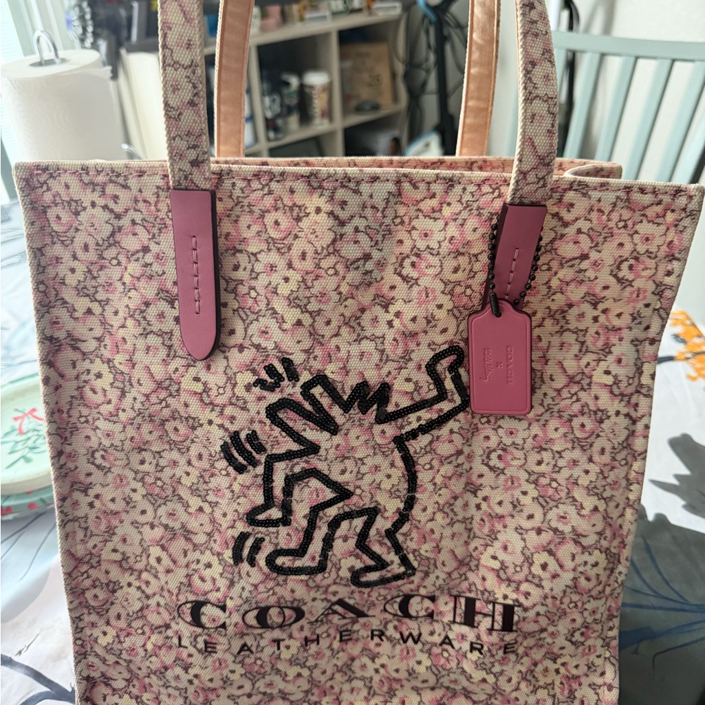 Coach Beige And Pink Floral Tote Keith Haring